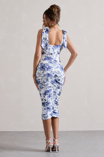 Cordelia Floral Print Bodycon Midi Dress With Bow Straps